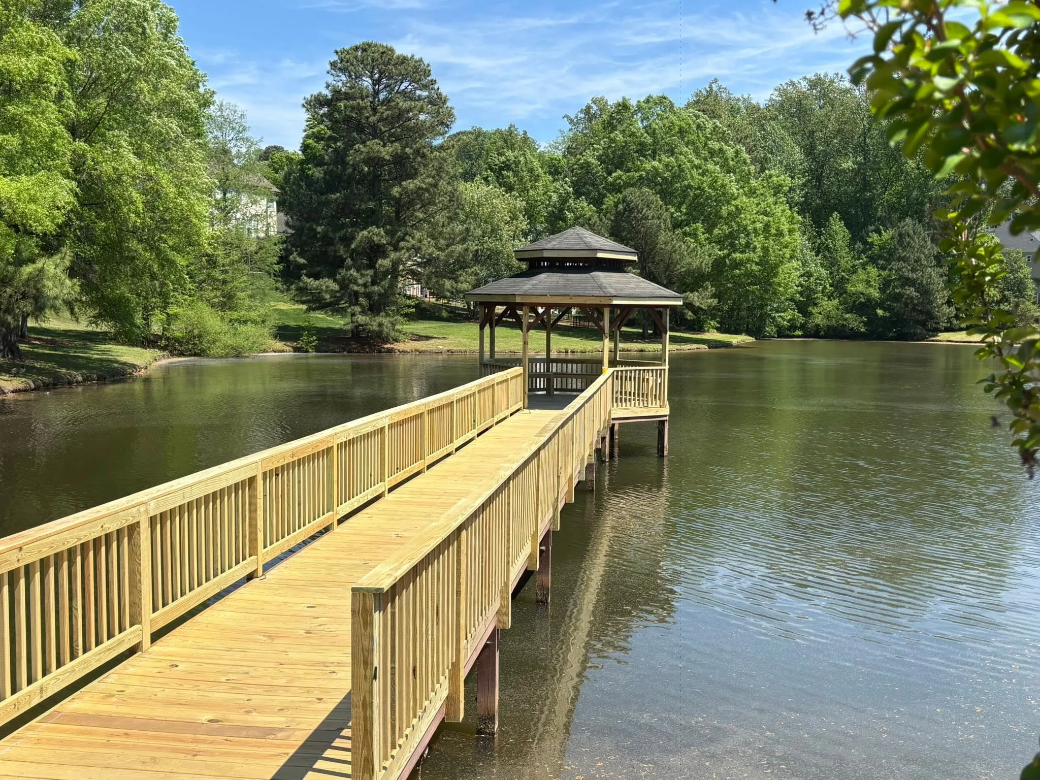 Wooden lake pier and gazebo in Central North Carolina